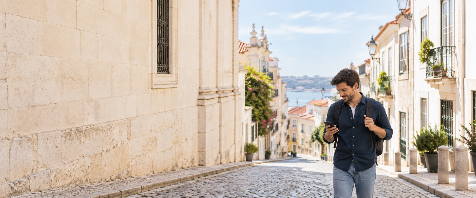 A traveler navigating a European street with a phone